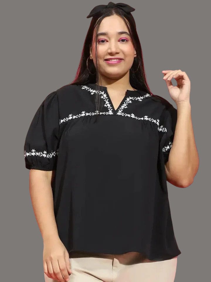 Plus Size Women Top - Black Embroidered Short Sleeve Blouse With Crepe Fabric