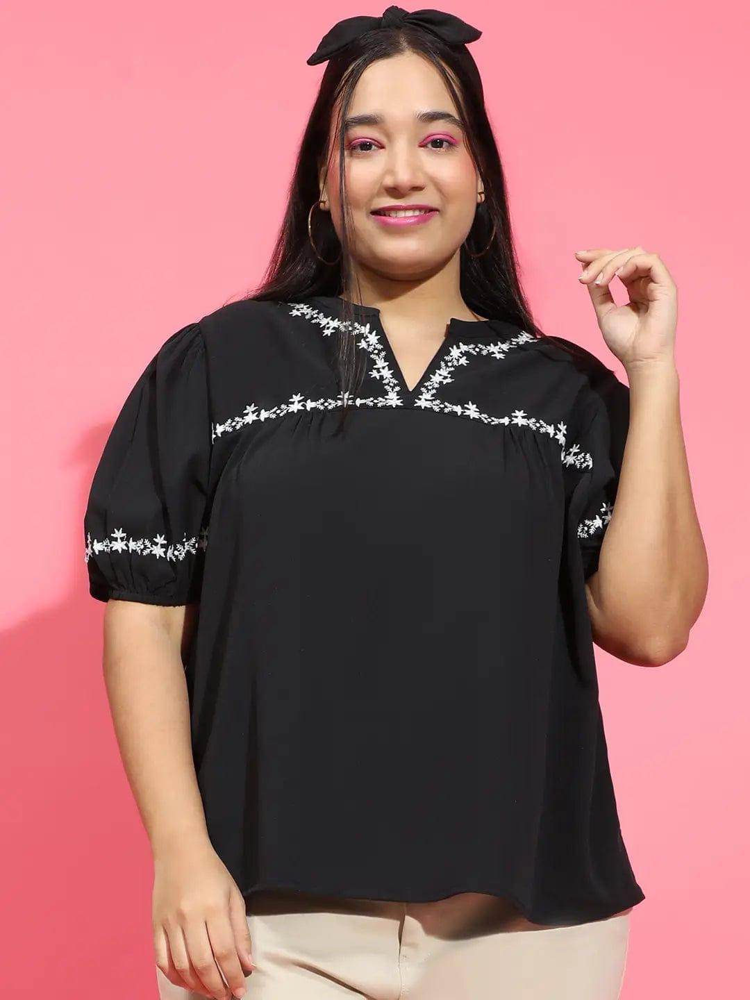 Glorious Black Embroidered Short Sleeve Women’s Plus Size Loopy Top