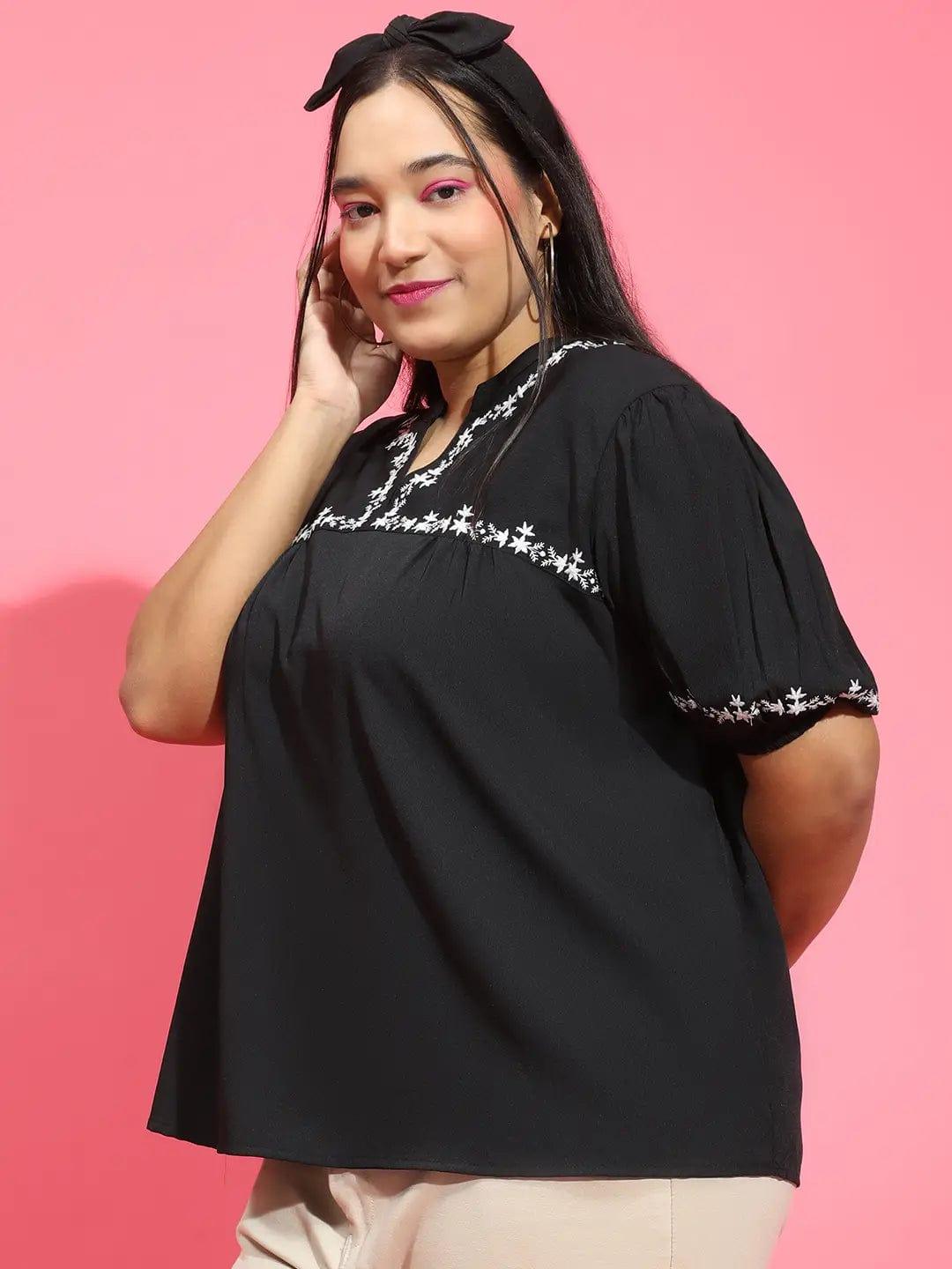 Glorious Black Embroidered Short Sleeve Women’s Plus Size Loopy Top