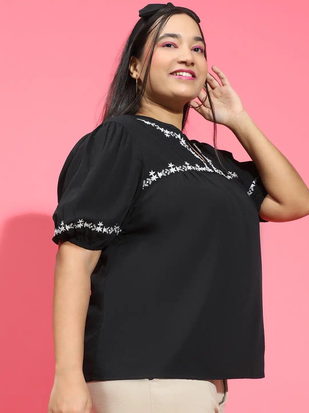 Glorious Black Embroidered Short Sleeve Women’s Plus Size Loopy Top