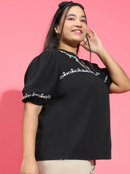 Glorious Black Embroidered Short Sleeve Women’s Plus Size Top