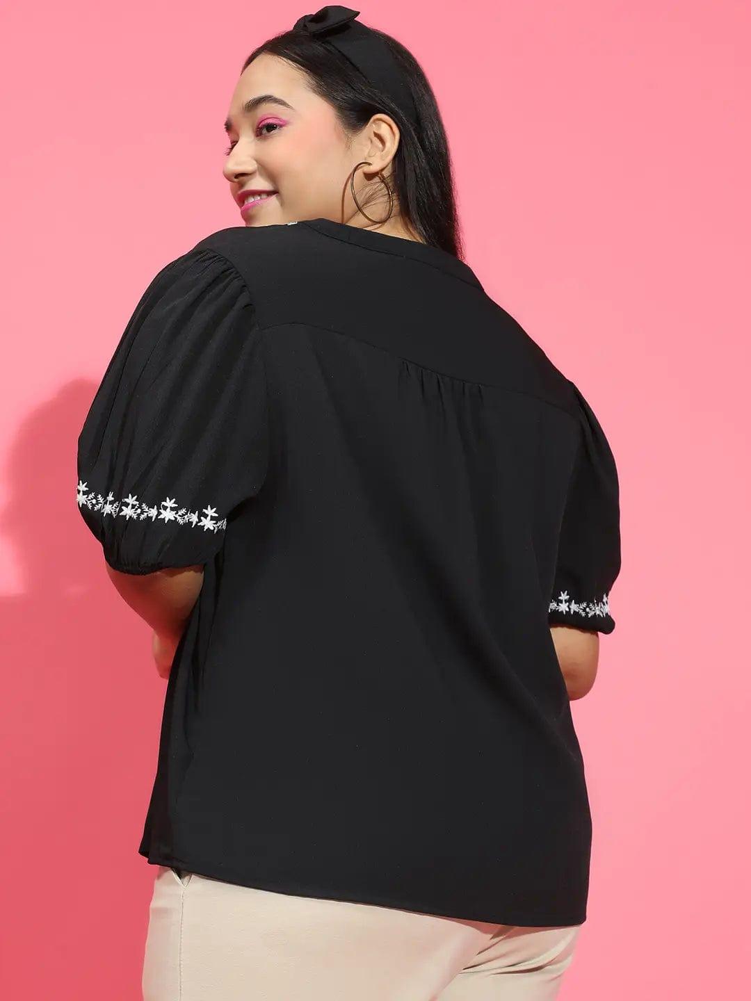 Glorious Black Embroidered Short Sleeve Women’s Plus Size Loopy Top