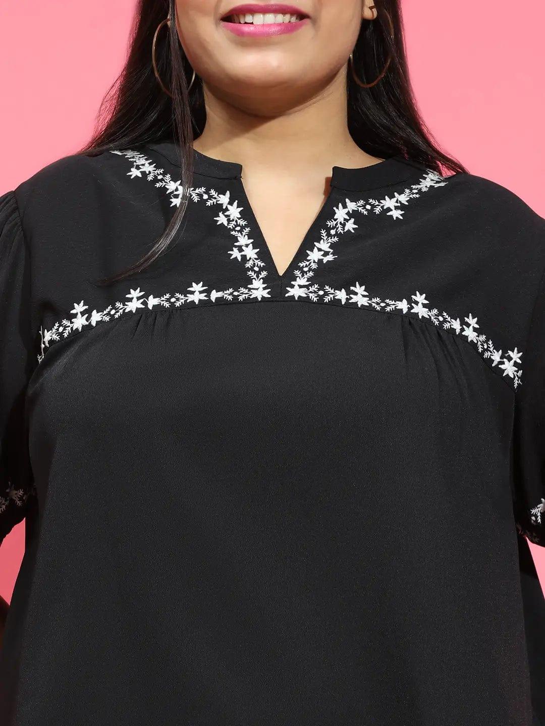 Glorious Black Embroidered Short Sleeve Women’s Plus Size Loopy Top