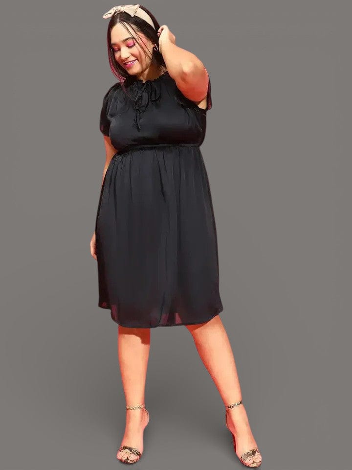 Smooth Black Ruffle Detailed Plus Size Curvy Satin Chiffon Dress