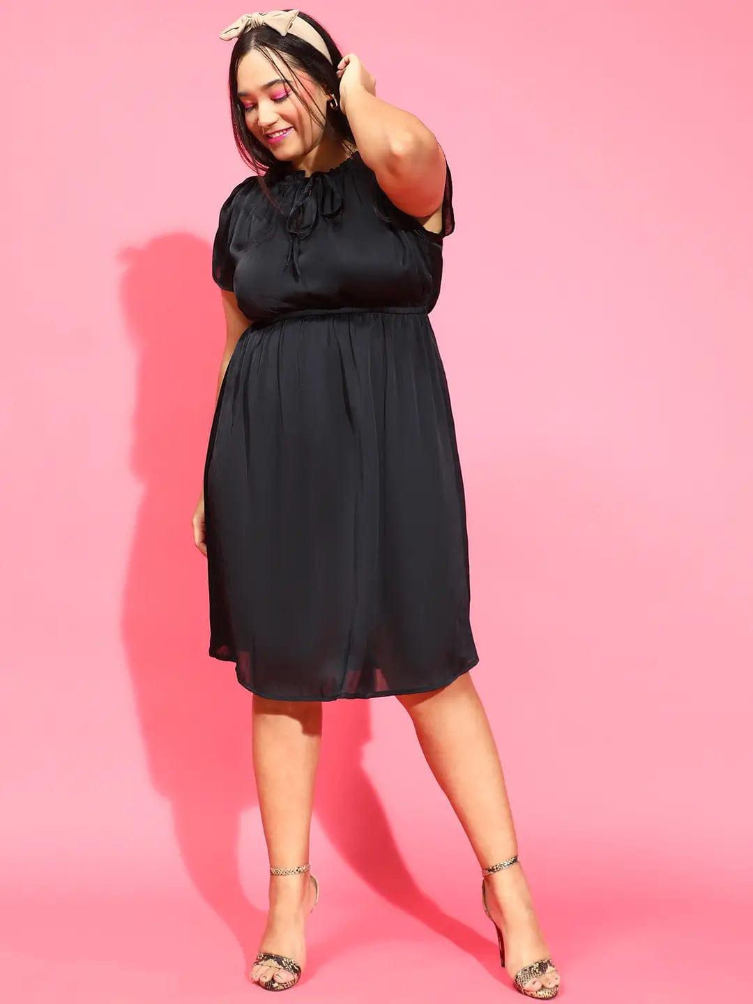 Smooth Black Ruffle Detailed Plus Size Curvy Satin Chiffon Dress