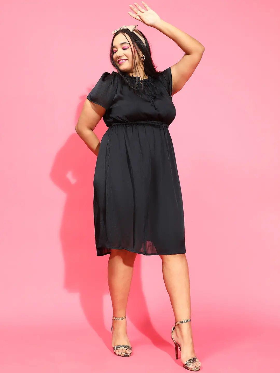 Smooth Black Ruffle Detailed Plus Size Curvy Satin Chiffon Dress