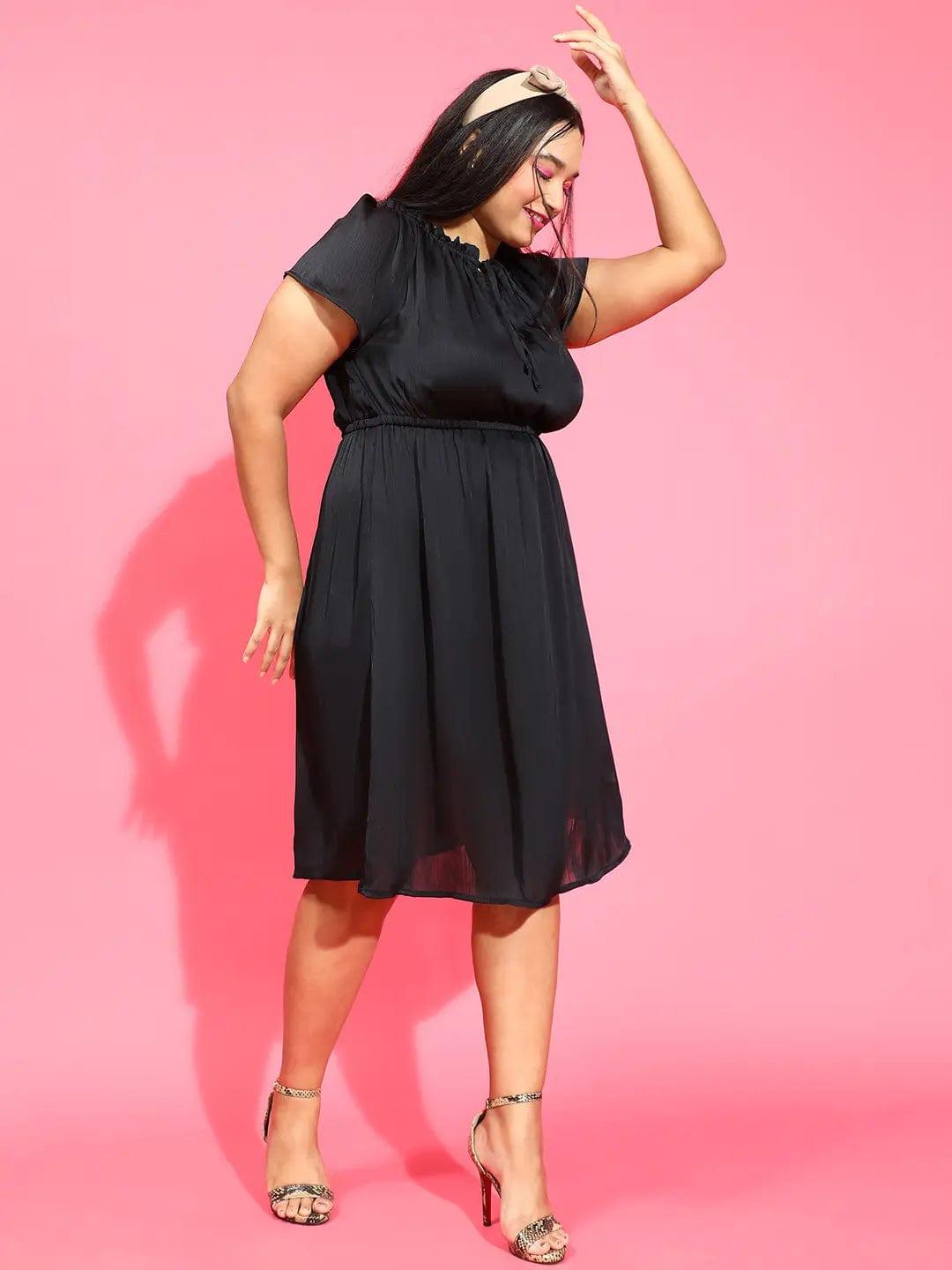 Smooth Black Ruffle Detailed Plus Size Curvy Satin Chiffon Dress