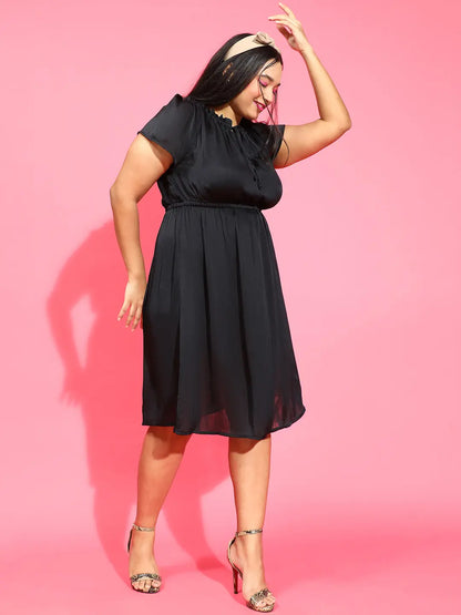 Smooth Black Ruffle Detailed  Plus Size Satin Chiffon Dress