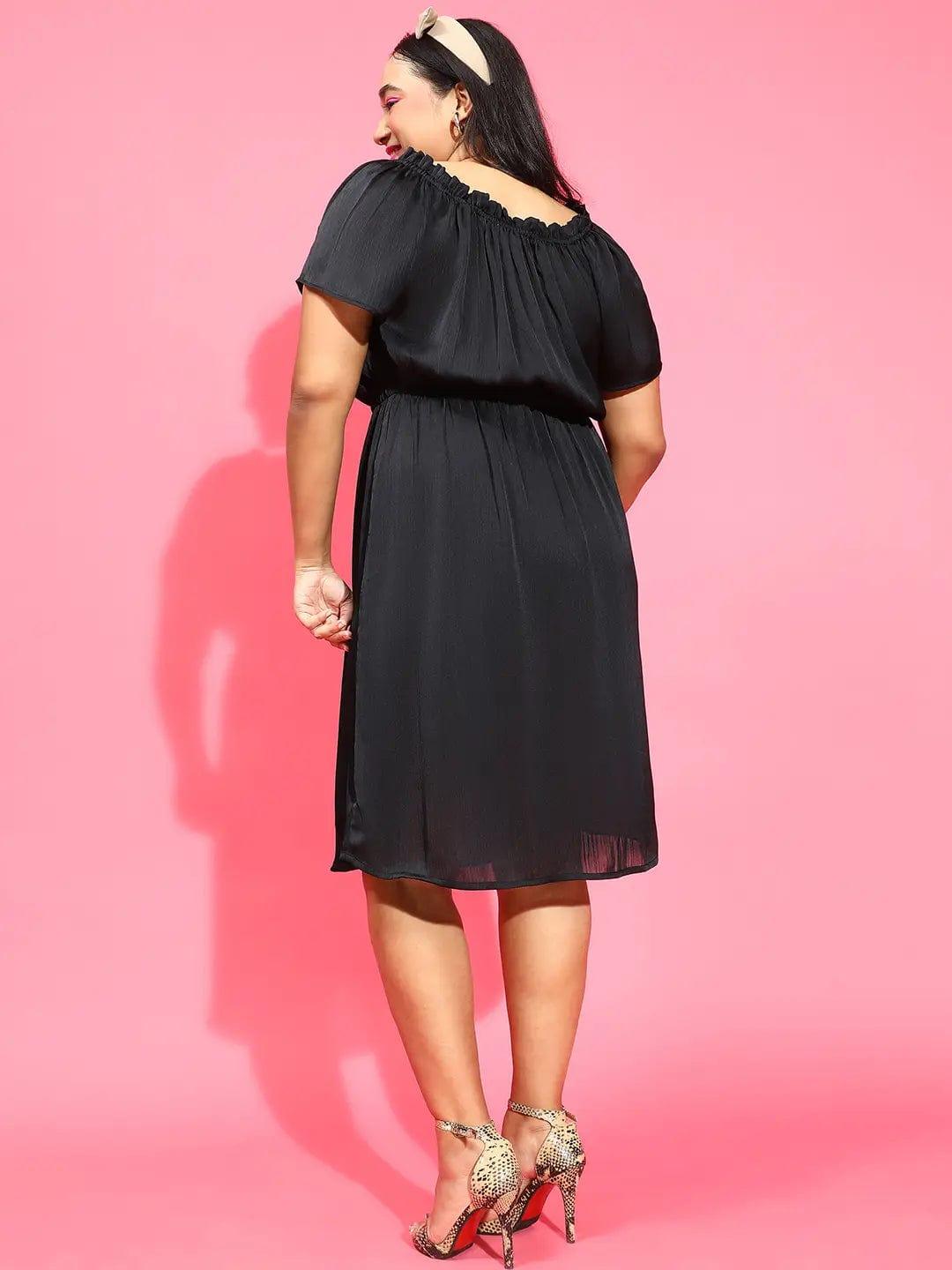 Smooth Black Ruffle Detailed Plus Size Curvy Satin Chiffon Dress