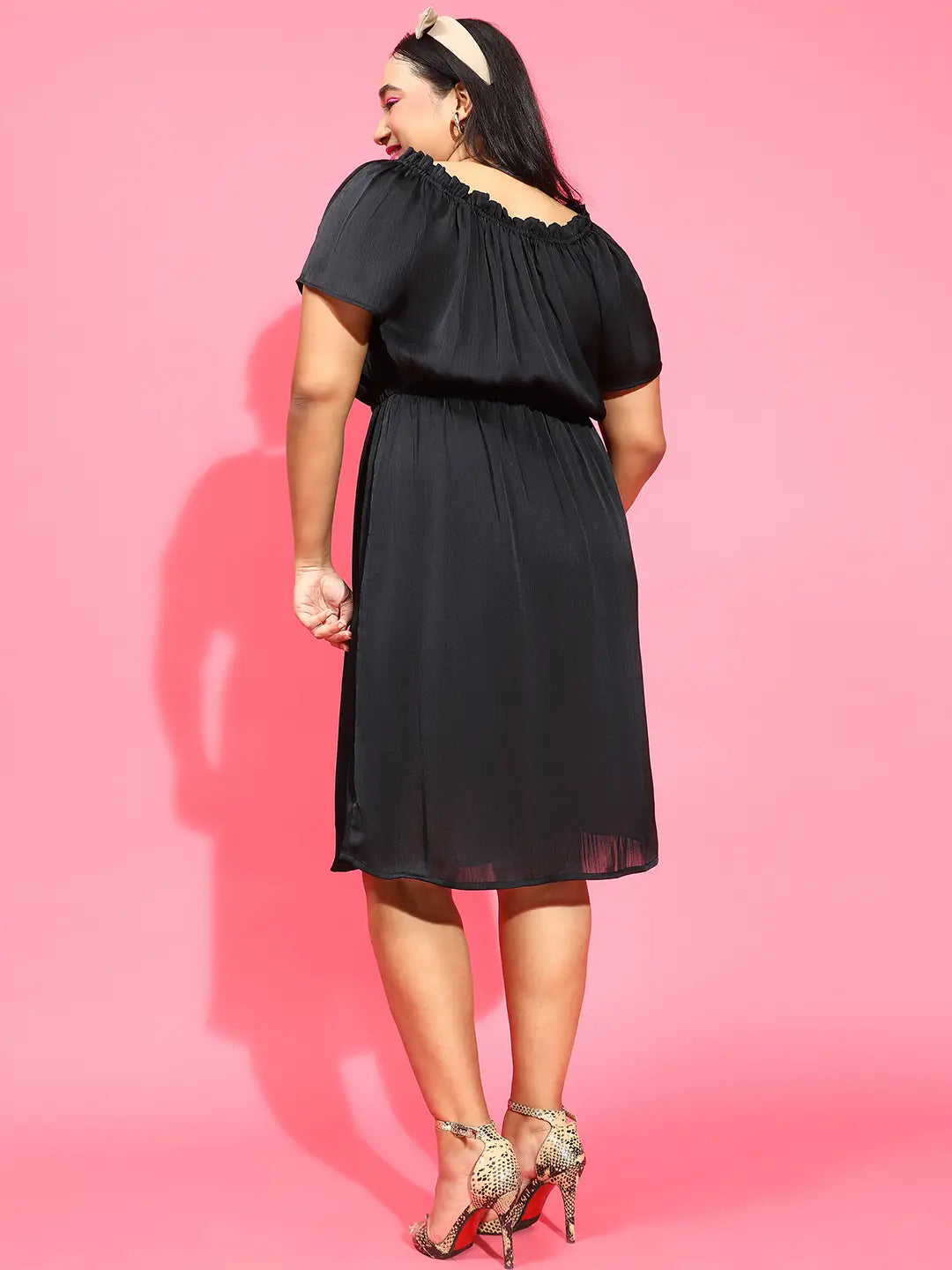 Smooth Black Ruffle Detailed  Plus Size Satin Chiffon Dress