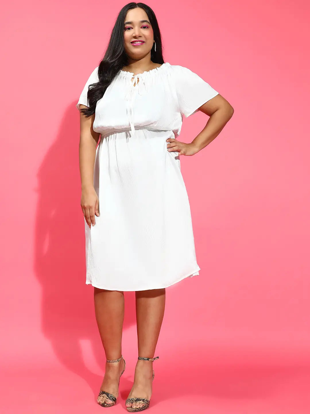 Agile White Ruffle Elasticated Plus Size Satin Dress