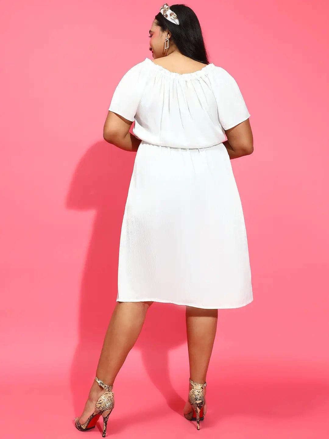 Agile White Ruffle Elasticated Plus Size Curvy Satin Dress