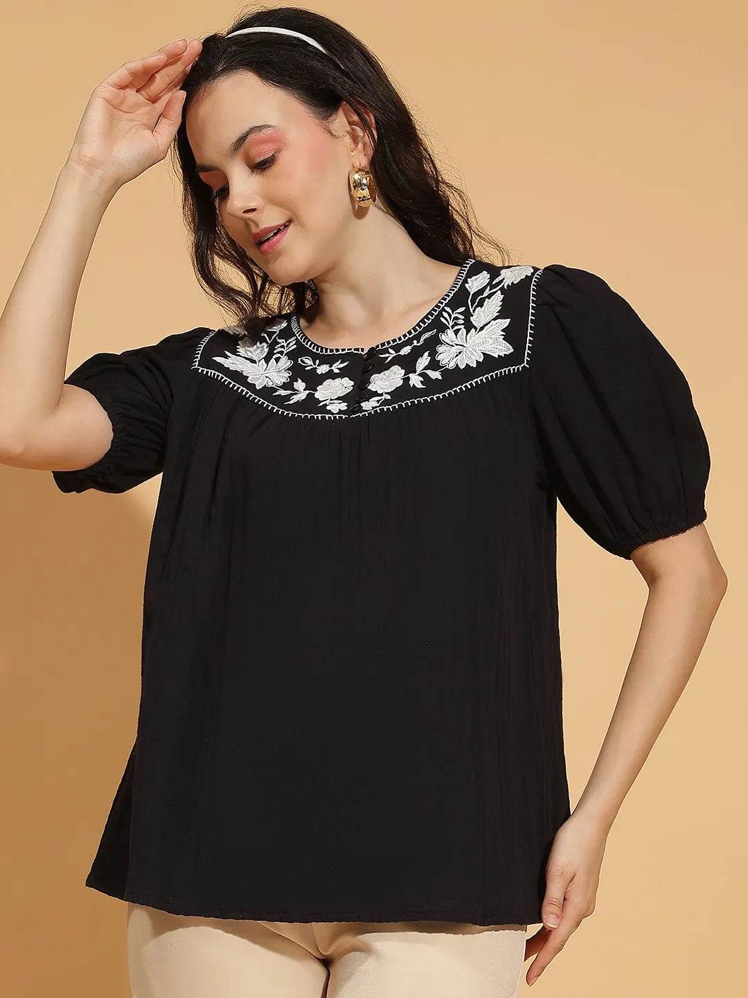 Starlight Black Embroidered Short Sleeve Women’s Cotton Top