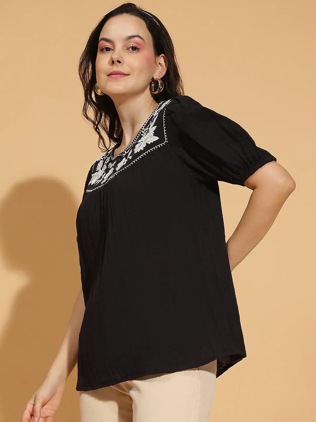 Starlight Black Embroidered Short Sleeve Women’s Cotton Top