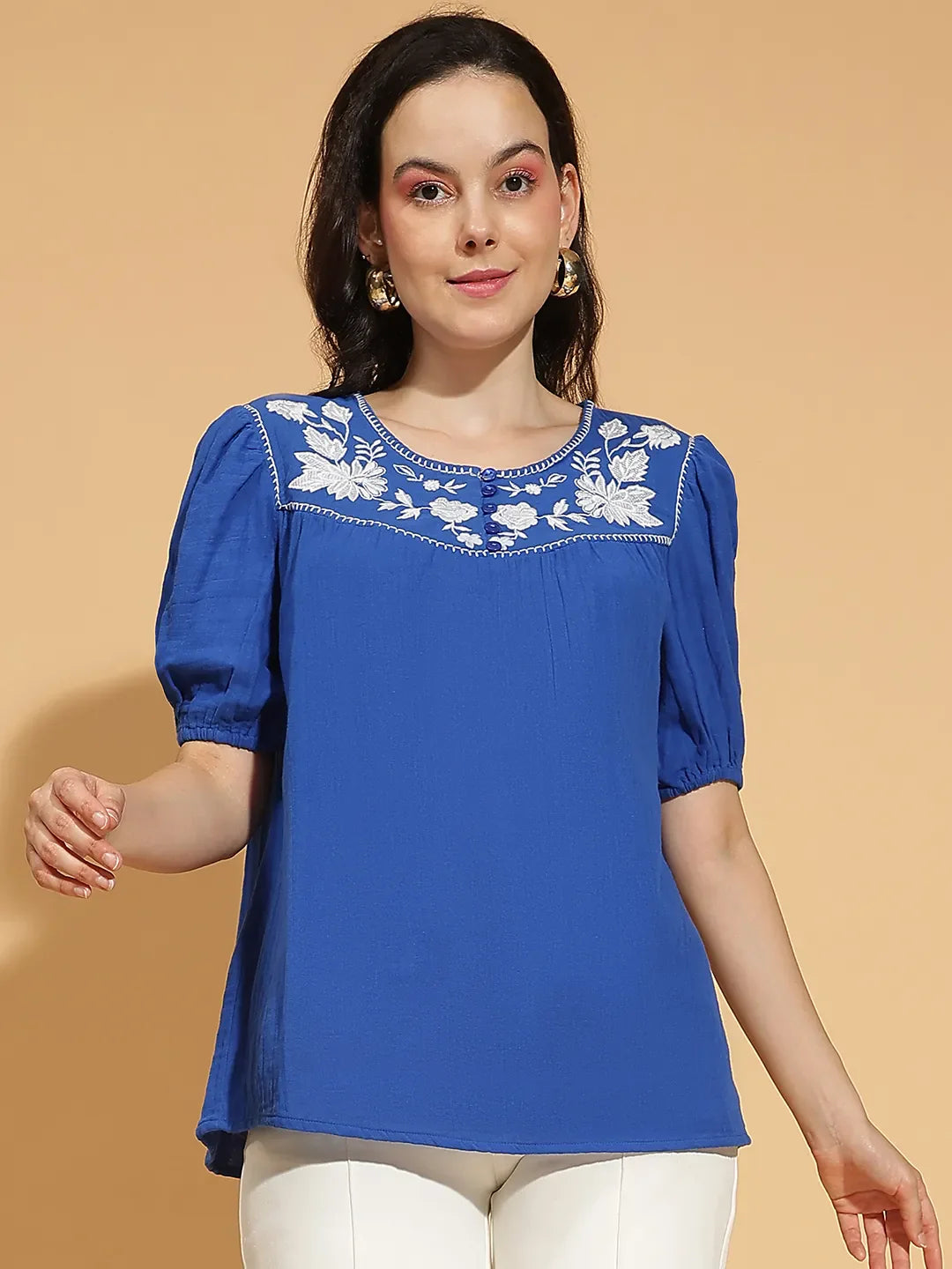 Your Blue Embroidered Short Sleeve Women’s Cotton Top