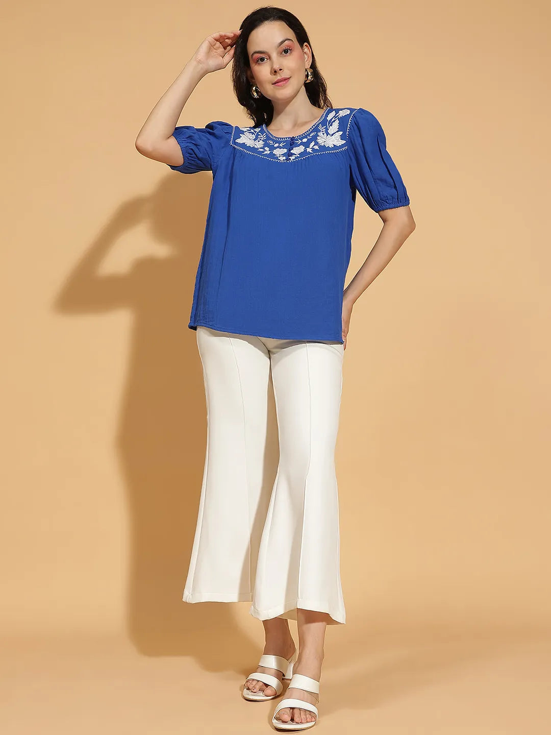 Your Blue Embroidered Short Sleeve Women’s Cotton Top