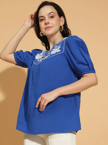 Your Blue Embroidered Short Sleeve Women’s Cotton Top