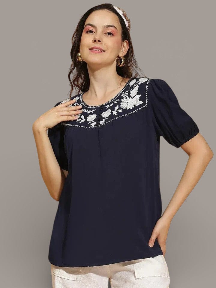 Navy Blue Cotton Top - Embroidered Short Sleeve Women's Classic Blouse