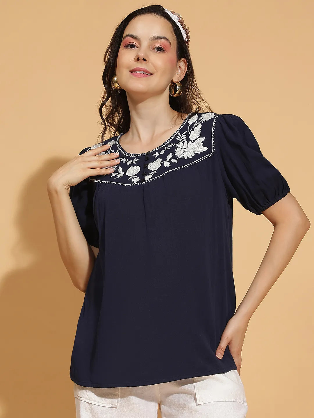 Navy Blue Embroidered Short Sleeve Women’s Cotton Top