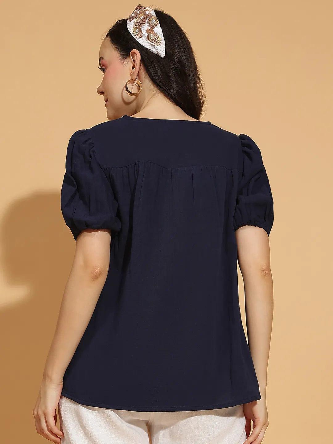 Navy Blue Embroidered Short Sleeve Women’s Cotton Top