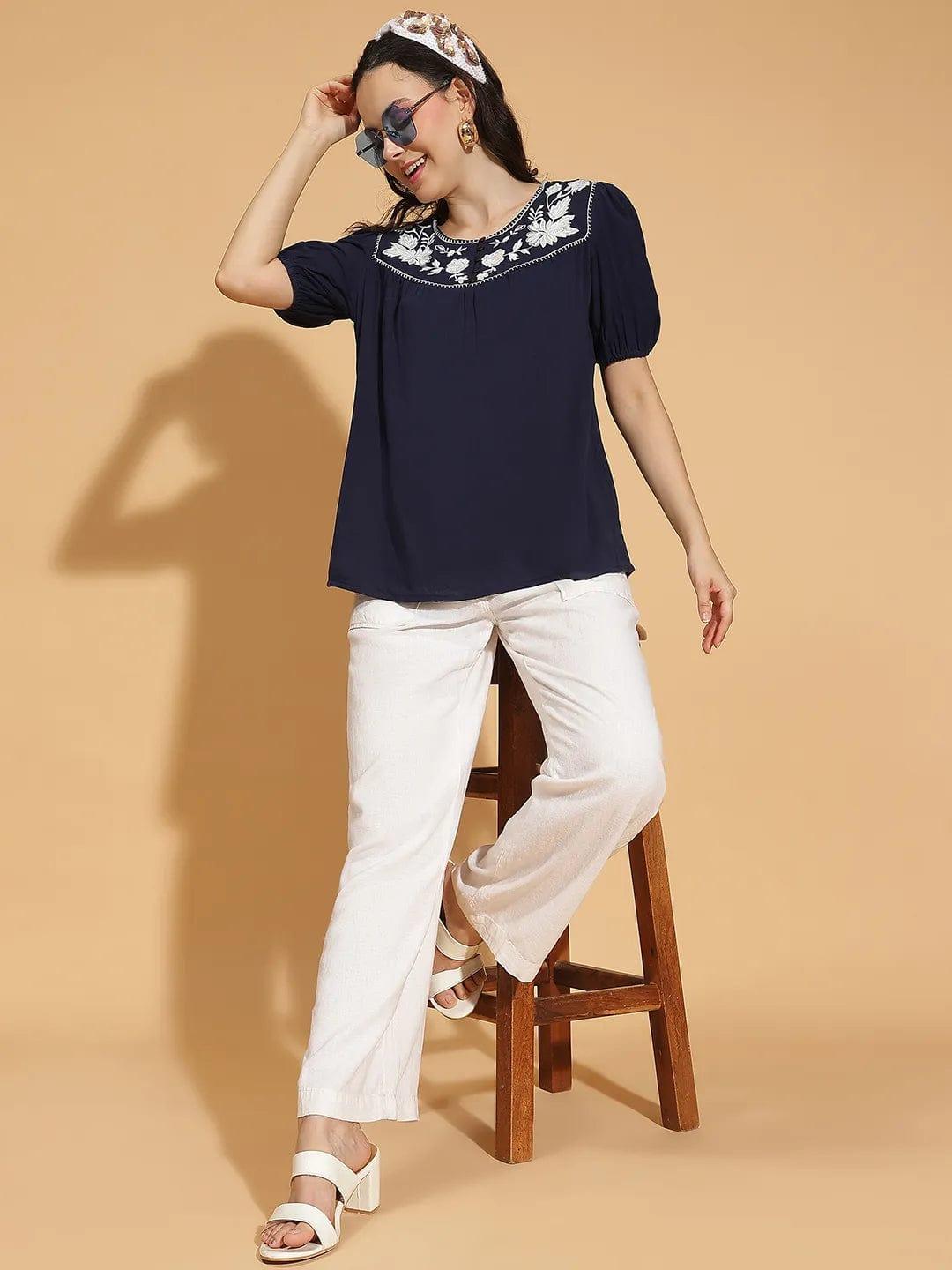 Navy Blue Embroidered Short Sleeve Women’s Cotton Top