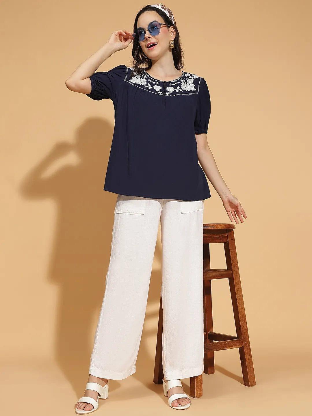 Navy Blue Embroidered Short Sleeve Women’s Cotton Top