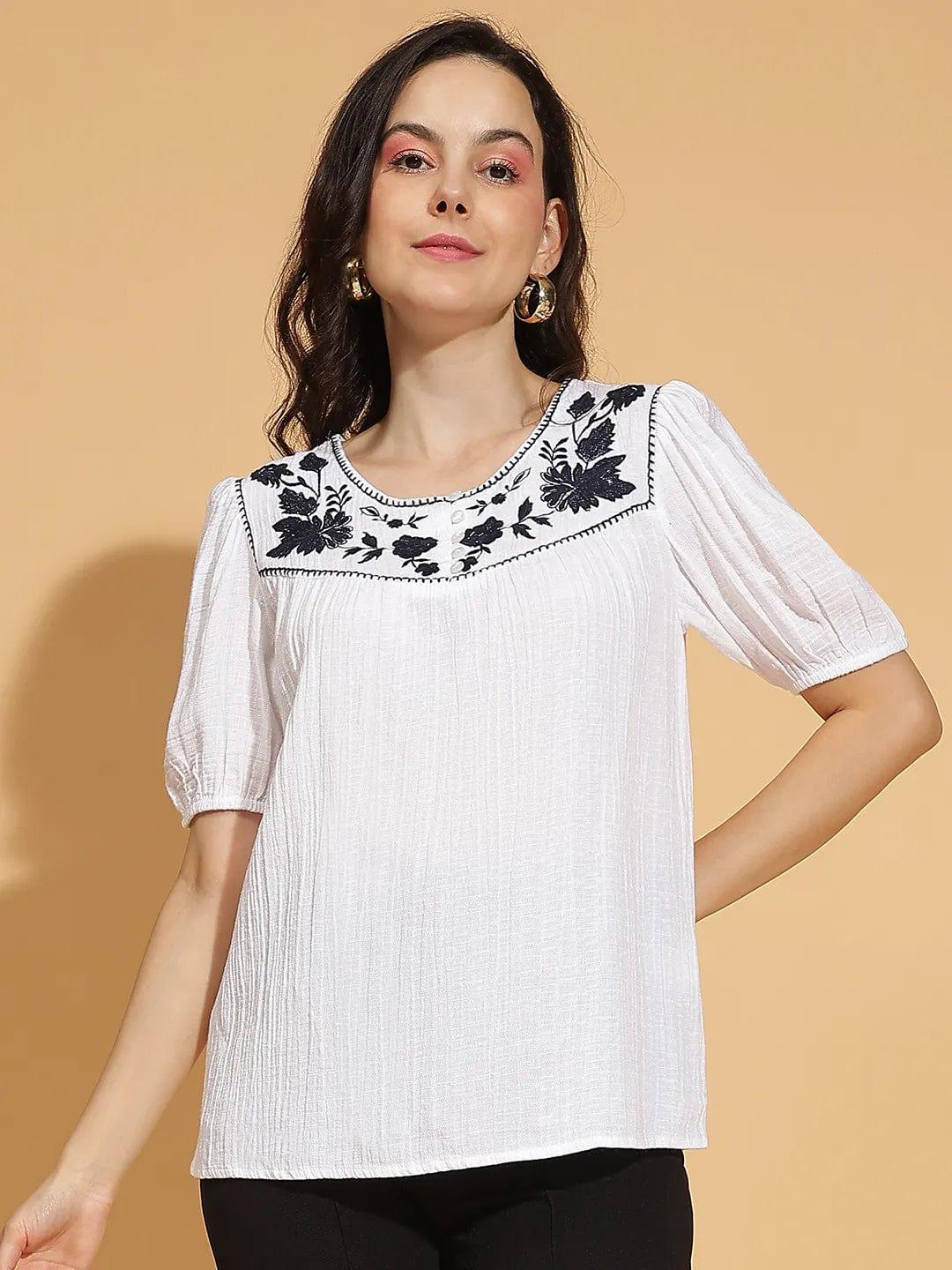 Luxury White Embroidered Short Sleeve Women’s Cotton Top