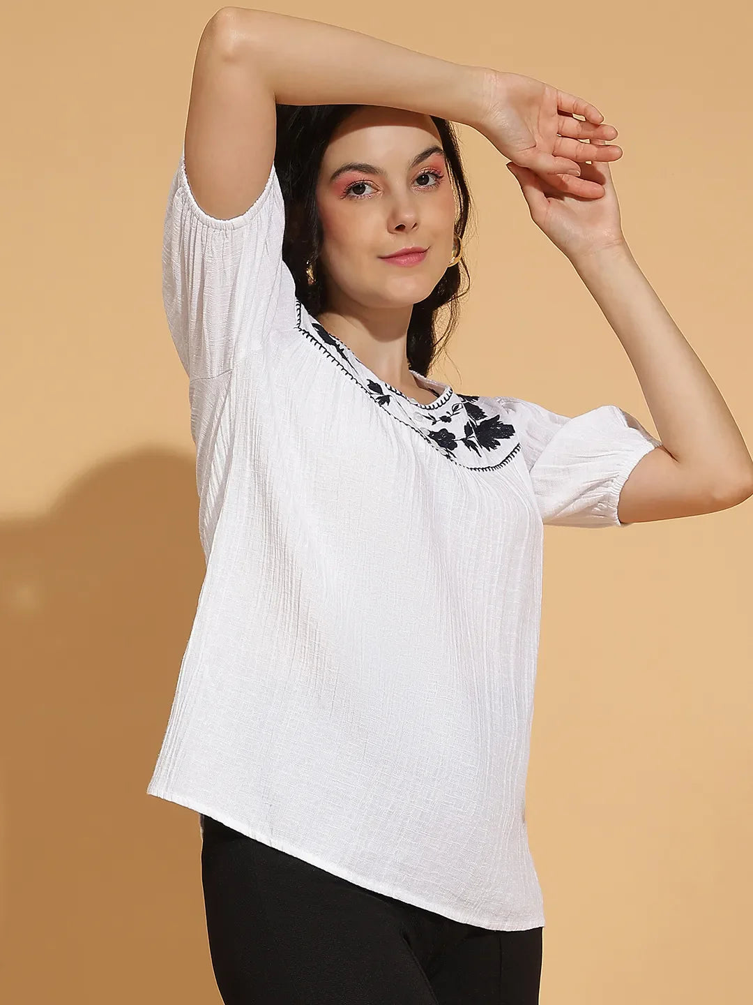 Luxury White Embroidered Short Sleeve Women’s Cotton Top