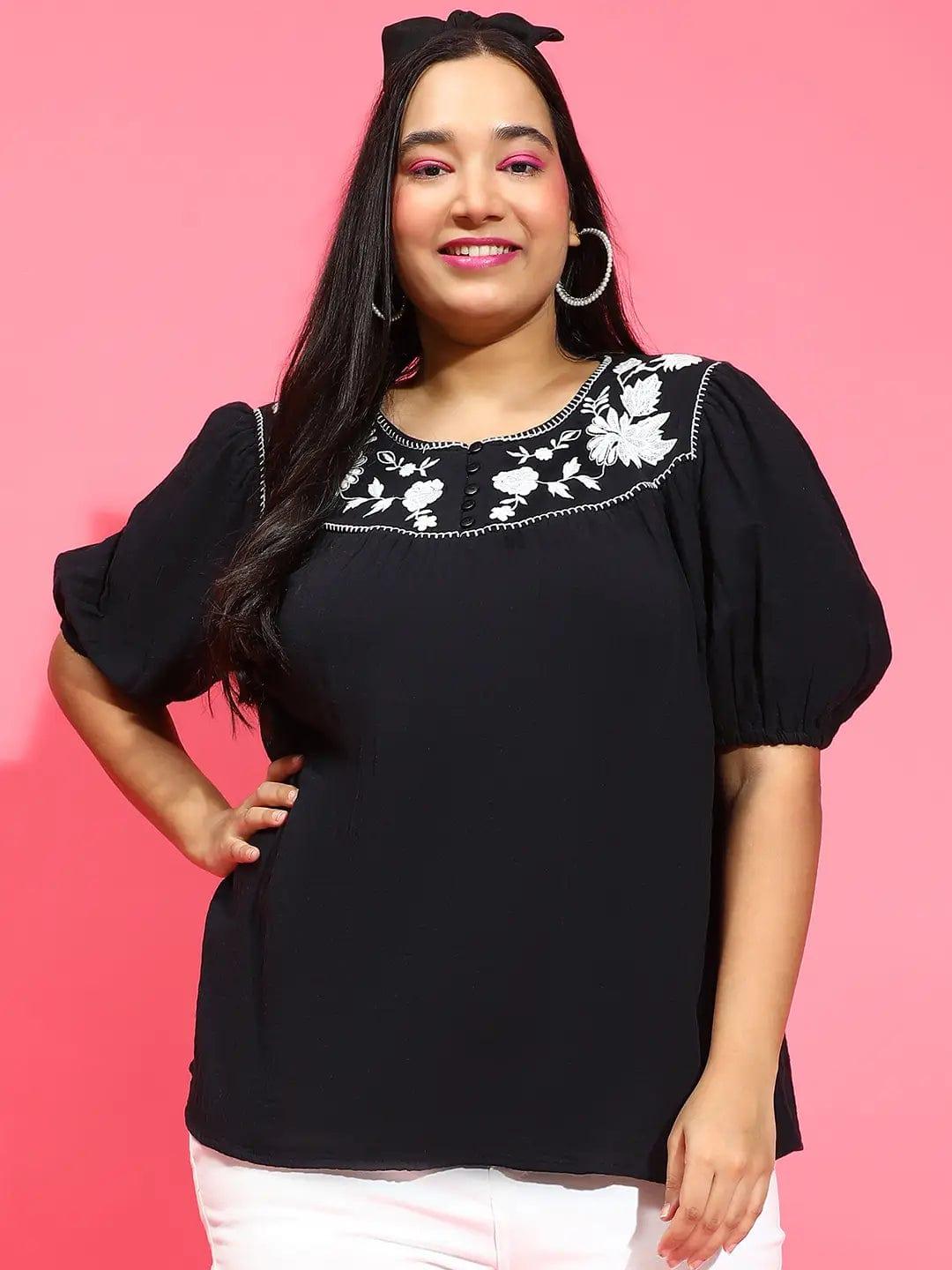 Fetching Black Embroidered Short Sleeve Plus Size Loopy Top