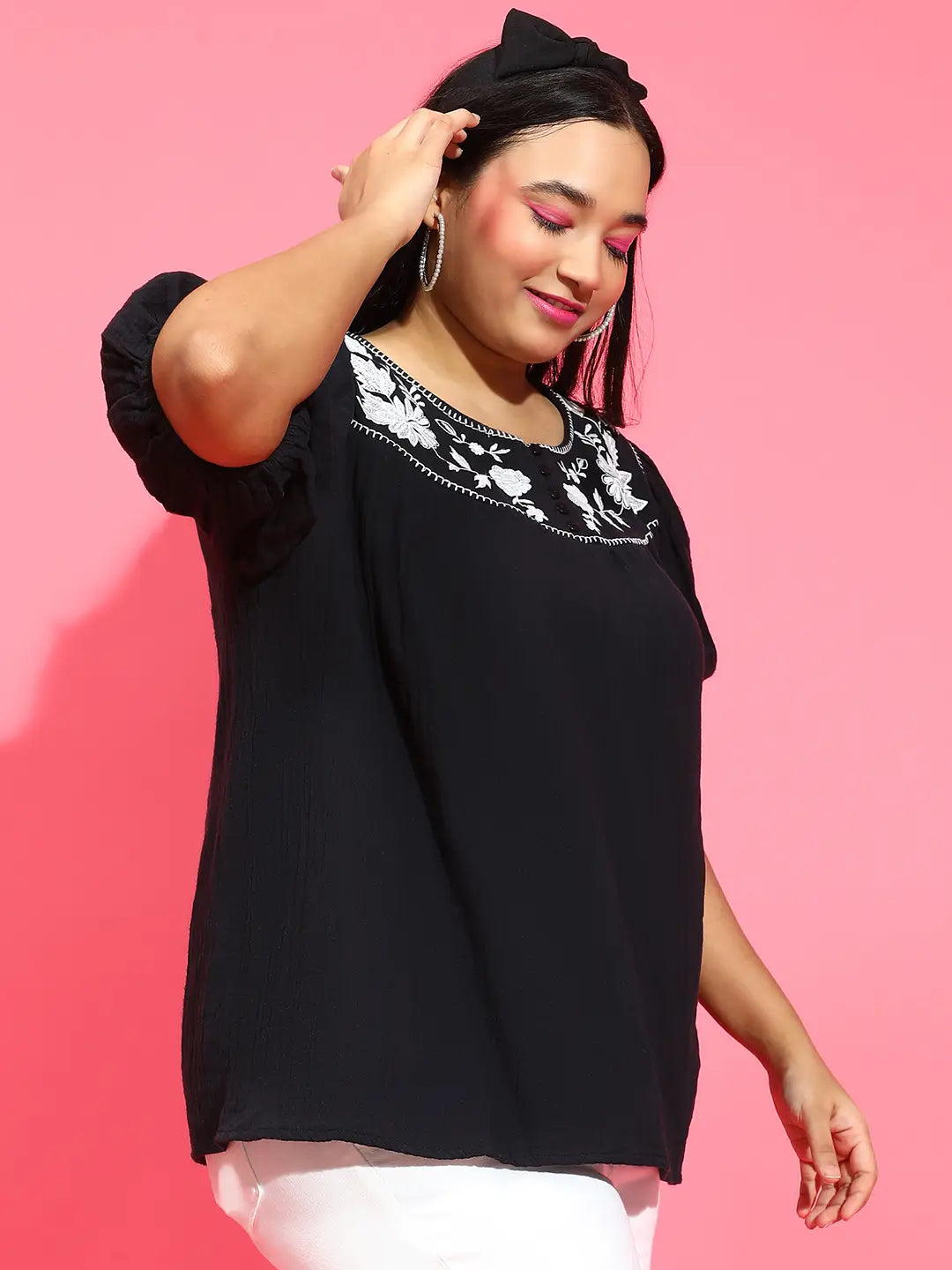 Fetching Black Embroidered Short Sleeve Plus Size Top