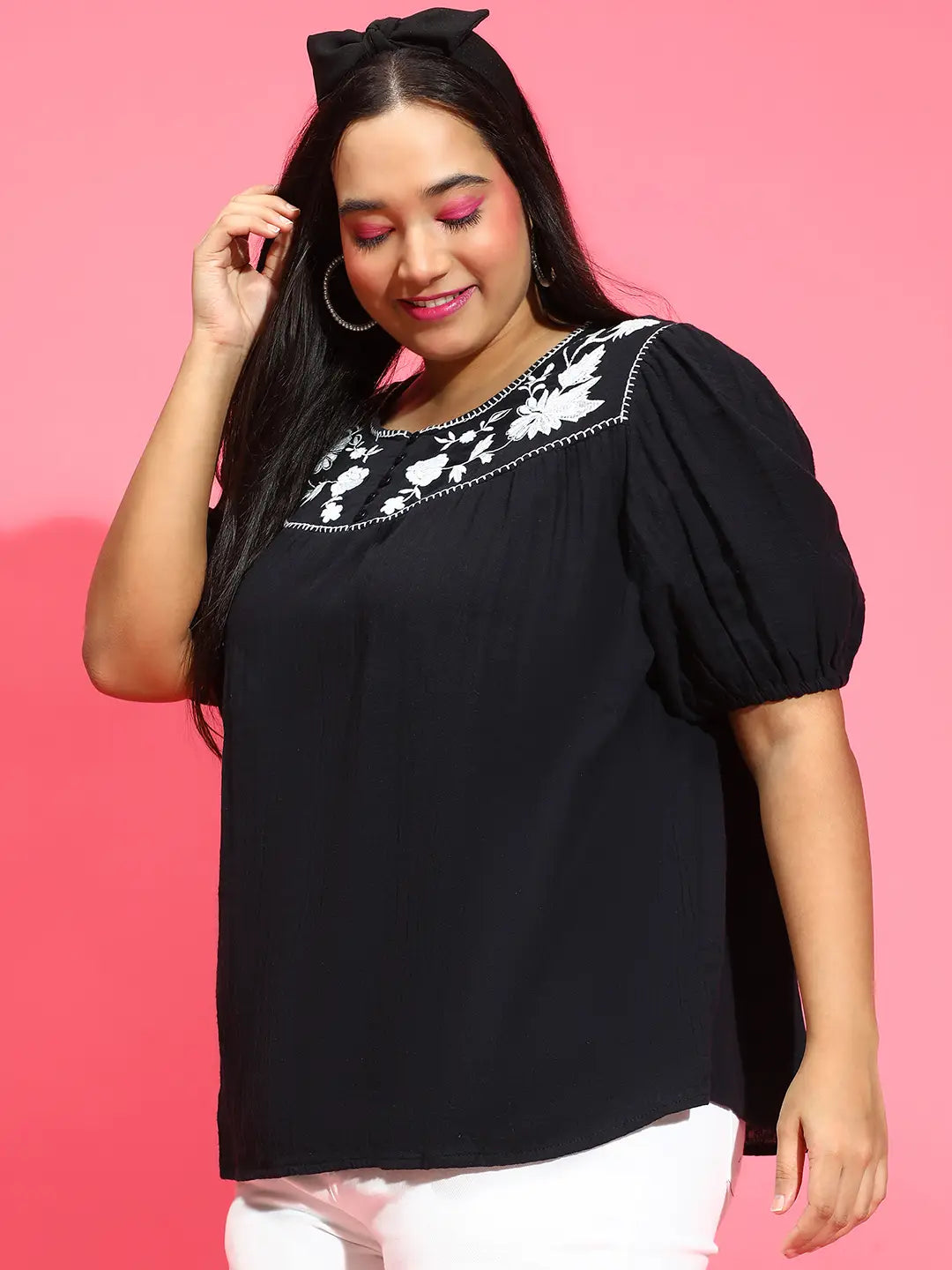 Fetching Black Embroidered Short Sleeve Plus Size Top