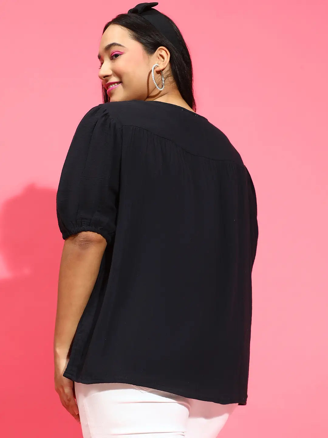 Fetching Black Embroidered Short Sleeve Plus Size Top