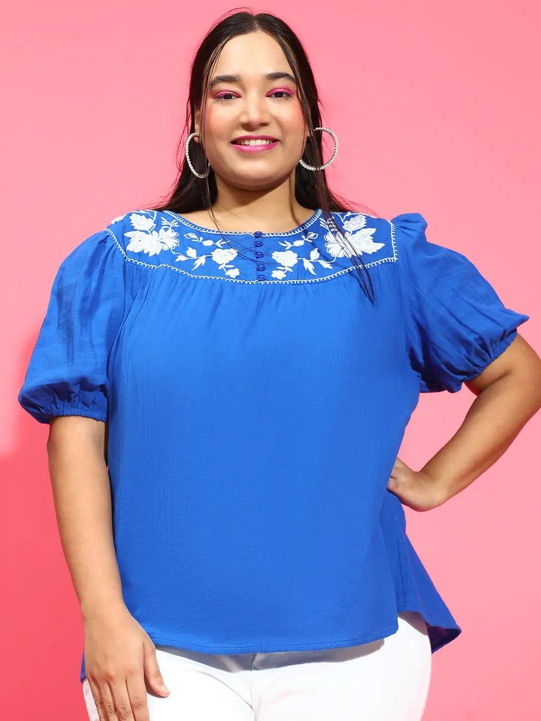 Ethereal Blue Embroidered Short Sleeve Plus Size Loopy Top