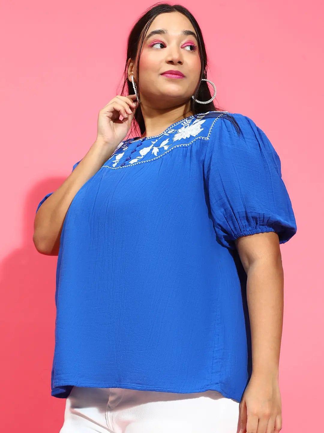 Ethereal Blue Embroidered Short Sleeve Plus Size Loopy Top