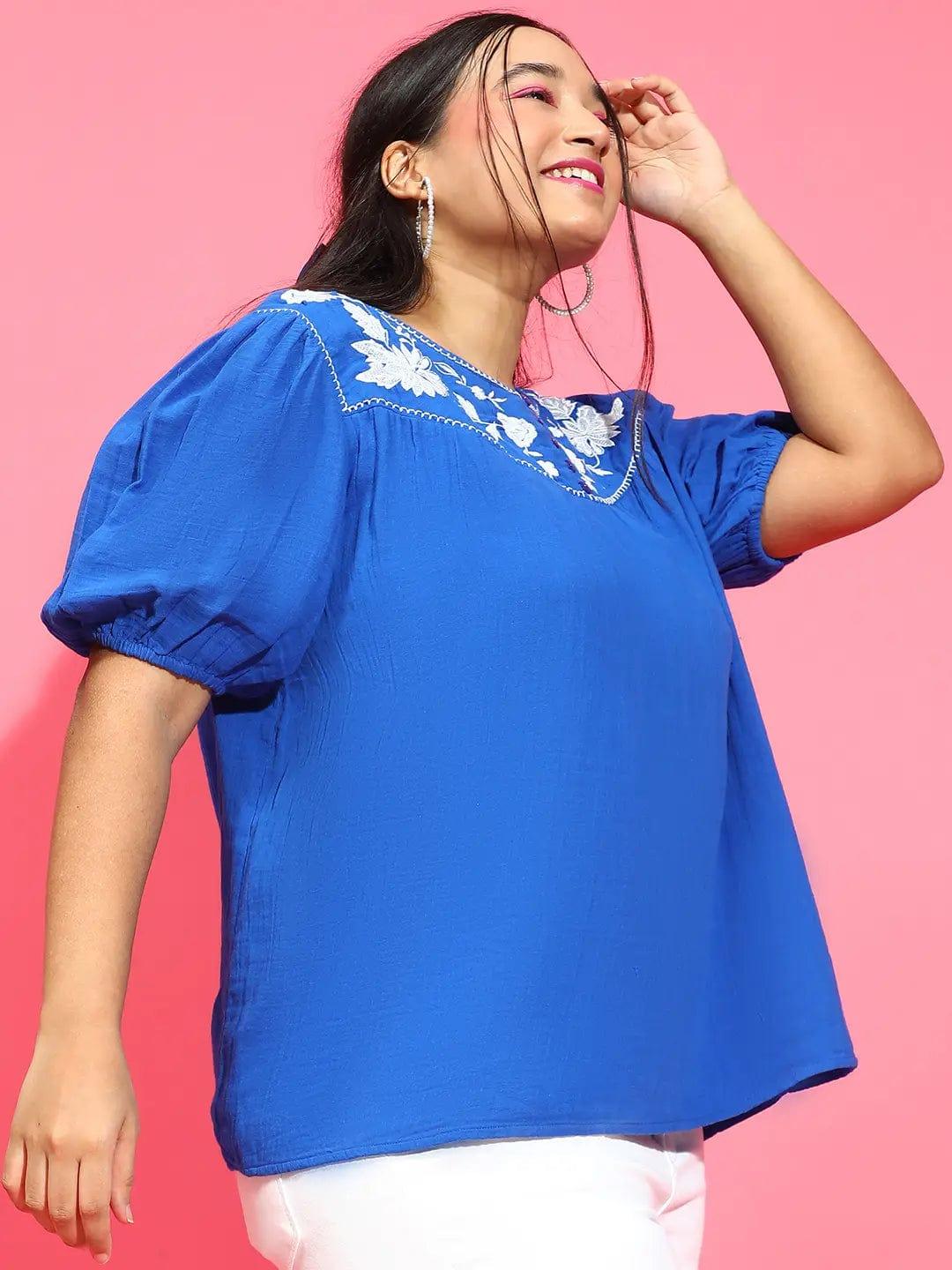 Ethereal Blue Embroidered Short Sleeve Plus Size Loopy Top