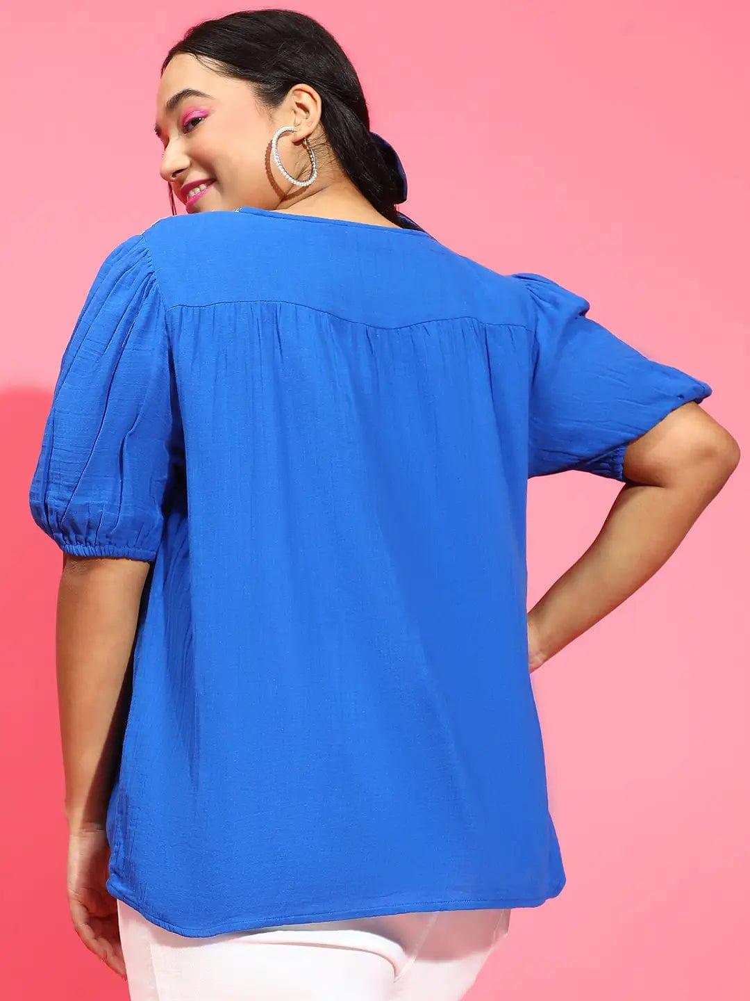 Ethereal Blue Embroidered Short Sleeve Plus Size Loopy Top