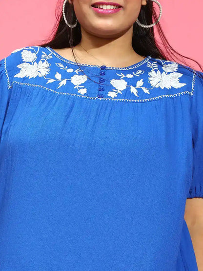 Ethereal Blue Embroidered Short Sleeve Plus Size Top