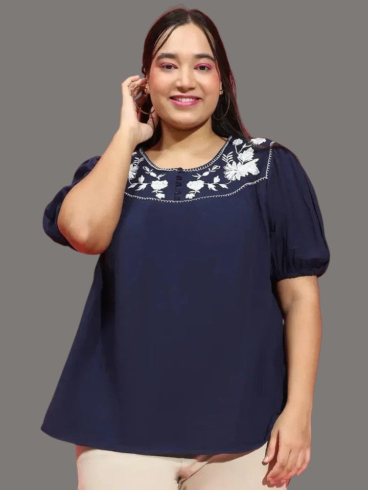 Plus Size Loopy Top - Navy Blue Embroidered Cotton Party Blouse, Short Sleeve