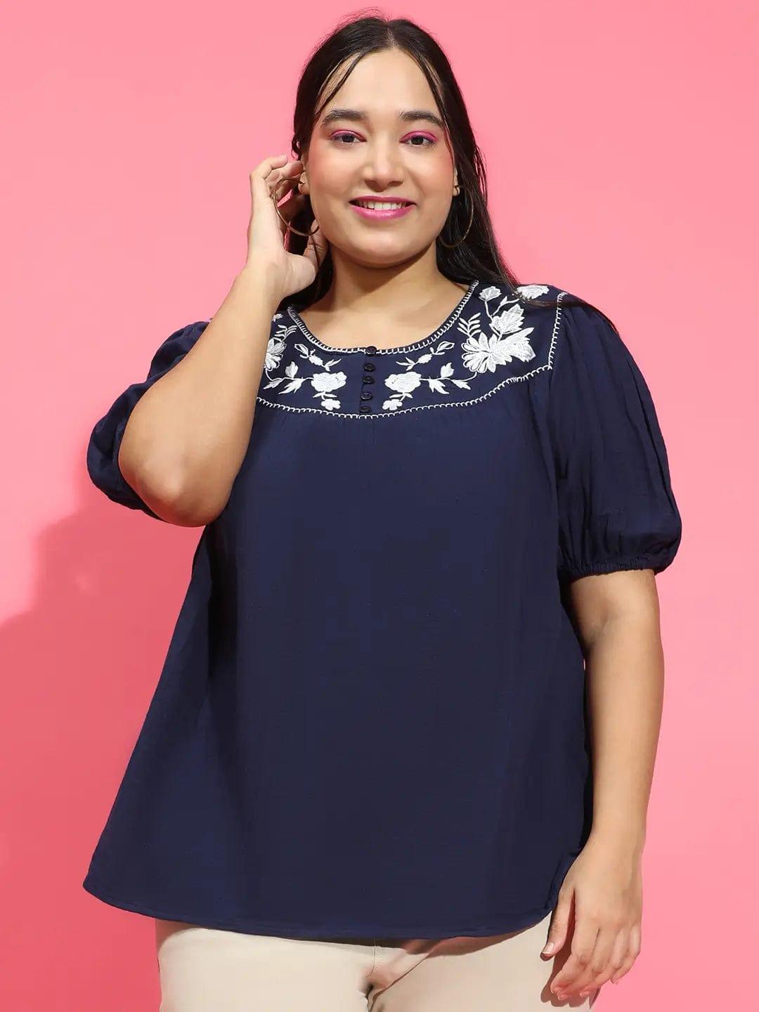 Dark Navy Blue Embroidered Short Sleeve Plus Size Loopy Top