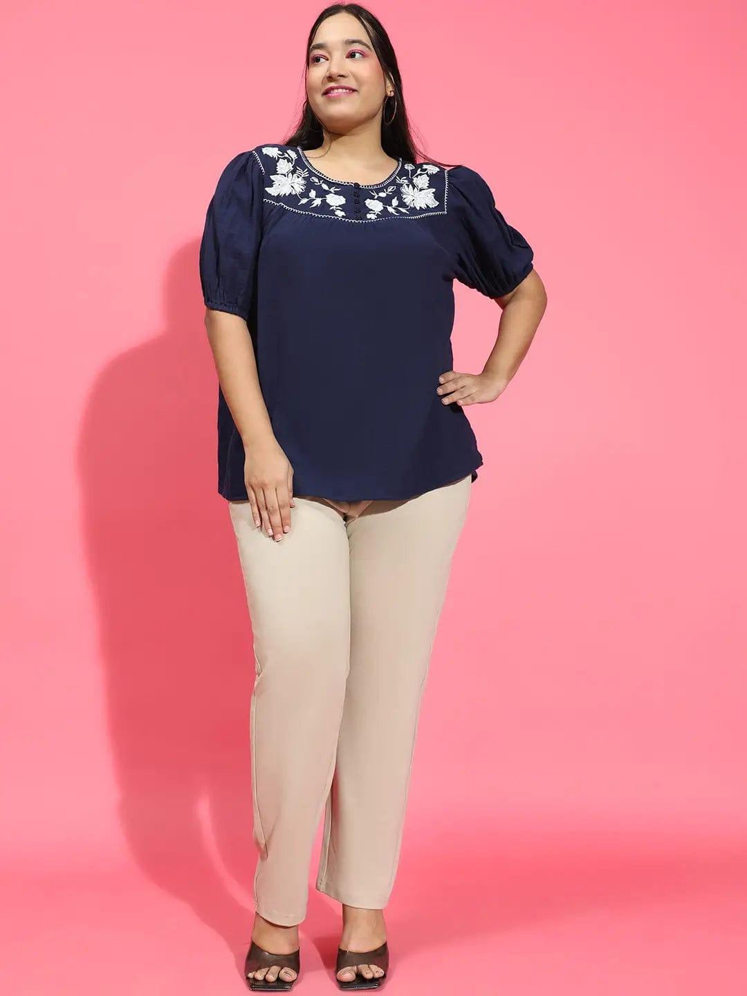 Dark Navy Blue Embroidered Short Sleeve Plus Size Loopy Top