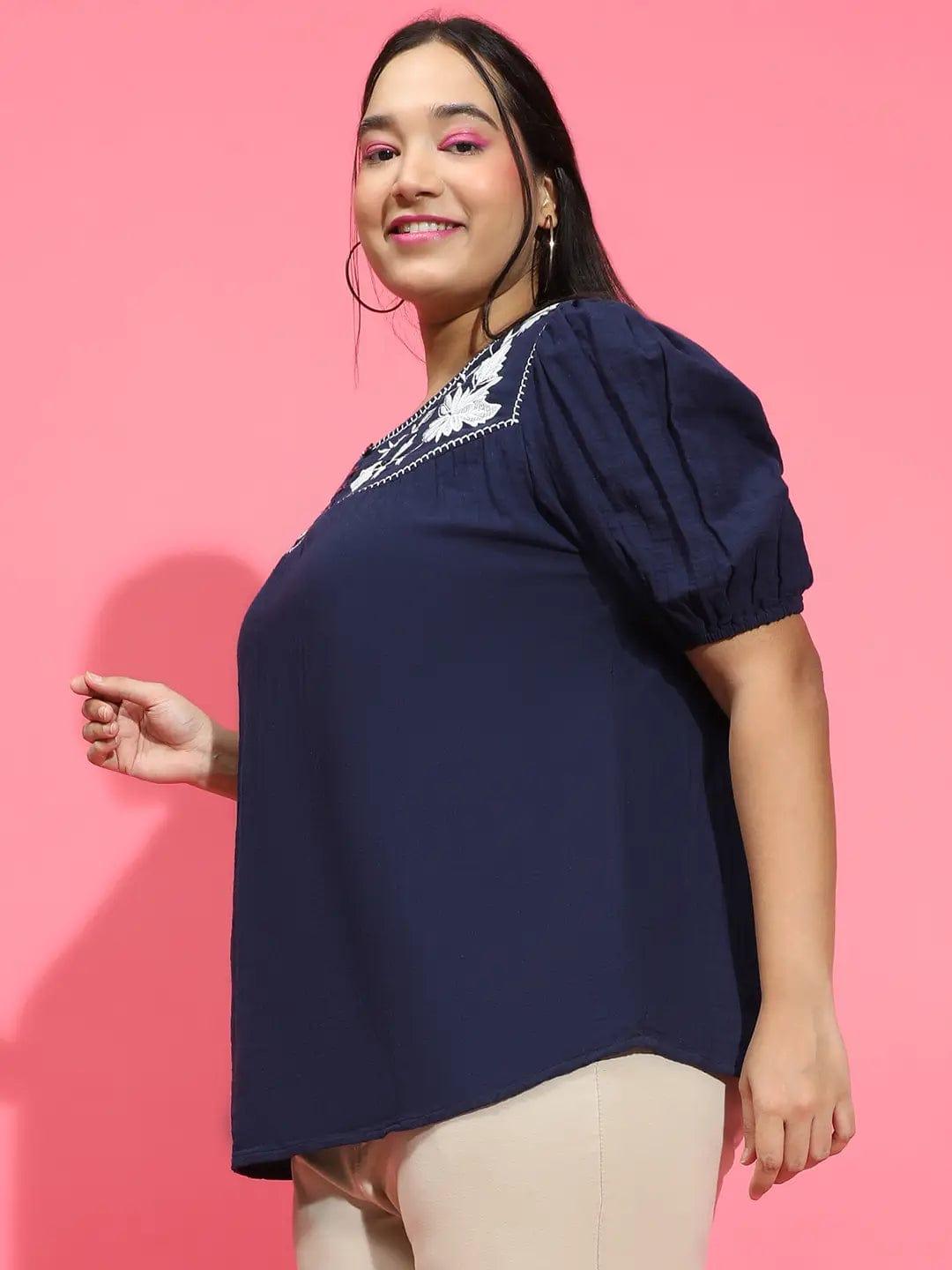 Dark Navy Blue Embroidered Short Sleeve Plus Size Loopy Top