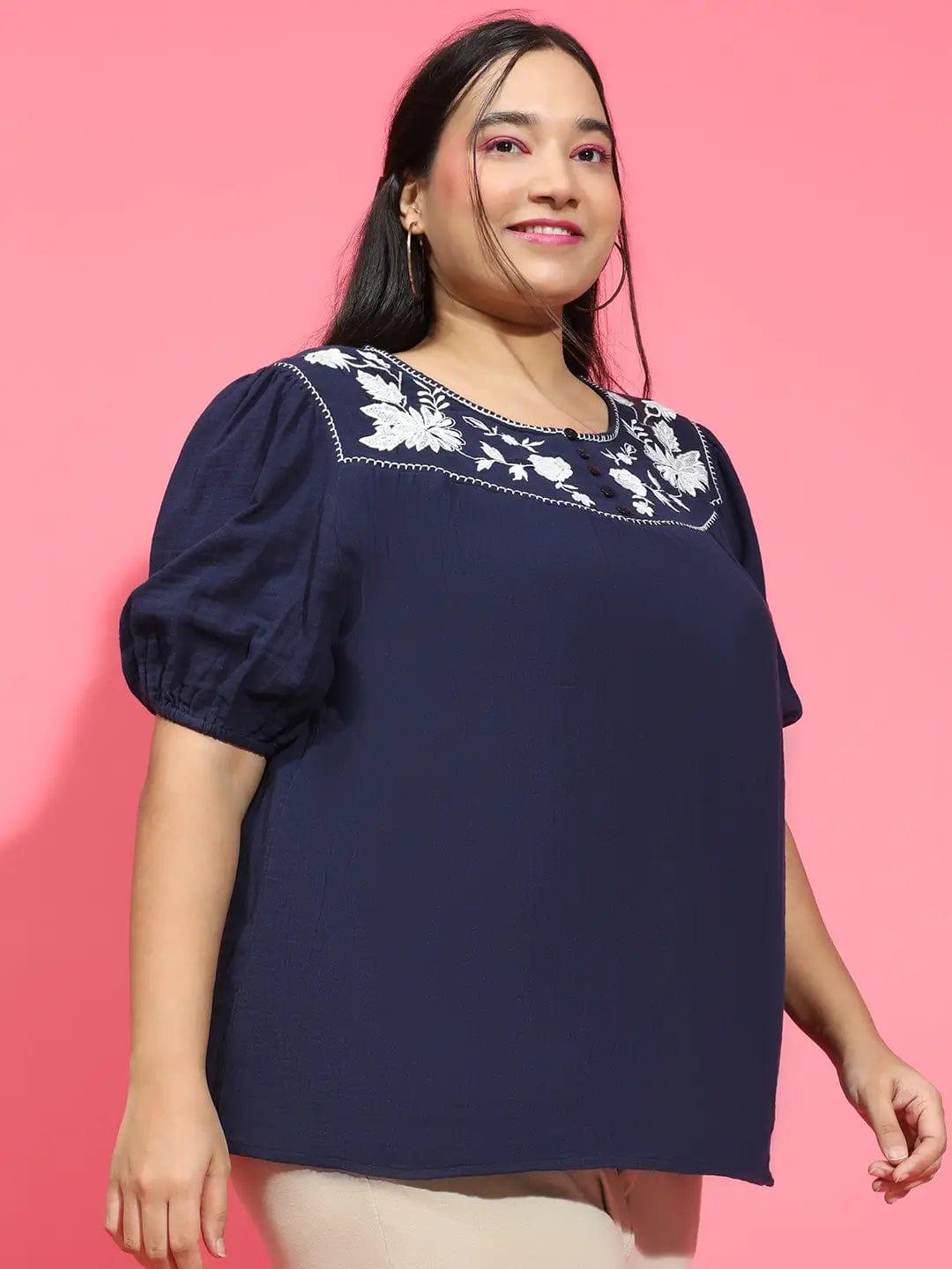 Dark Navy Blue Embroidered Short Sleeve Plus Size Loopy Top