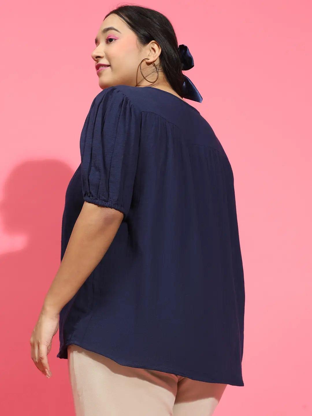 Dark Navy Blue Embroidered Short Sleeve Plus Size Loopy Top