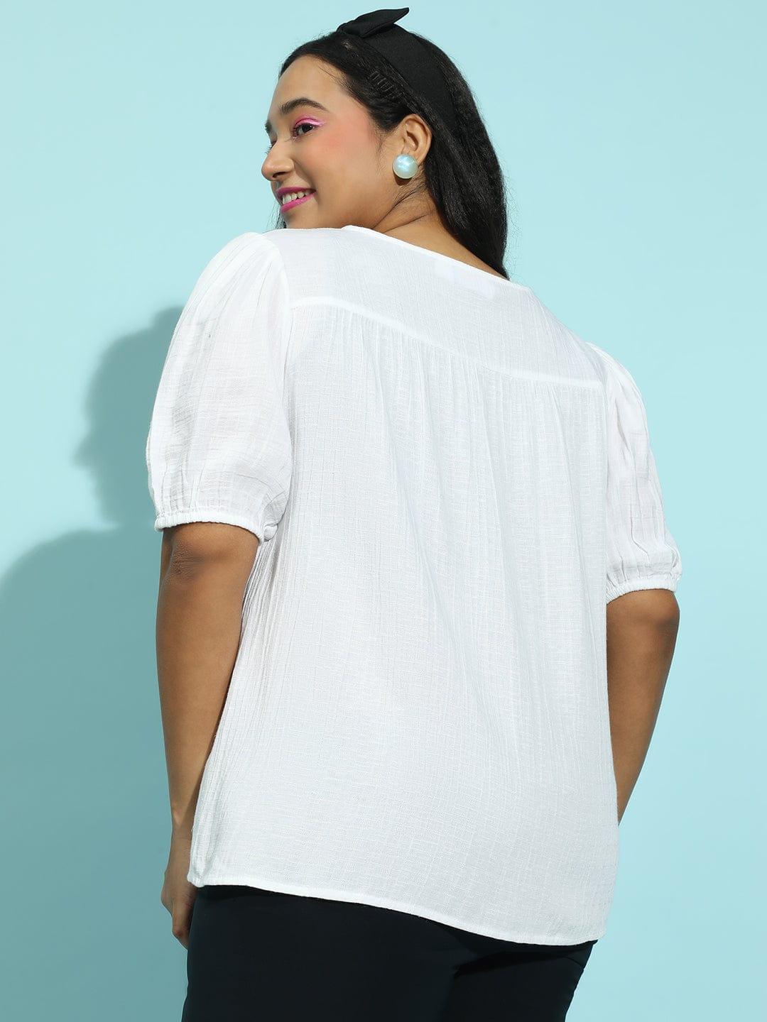 Fair White Embroidered Short Sleeve Plus Size Cotton Loopy Top