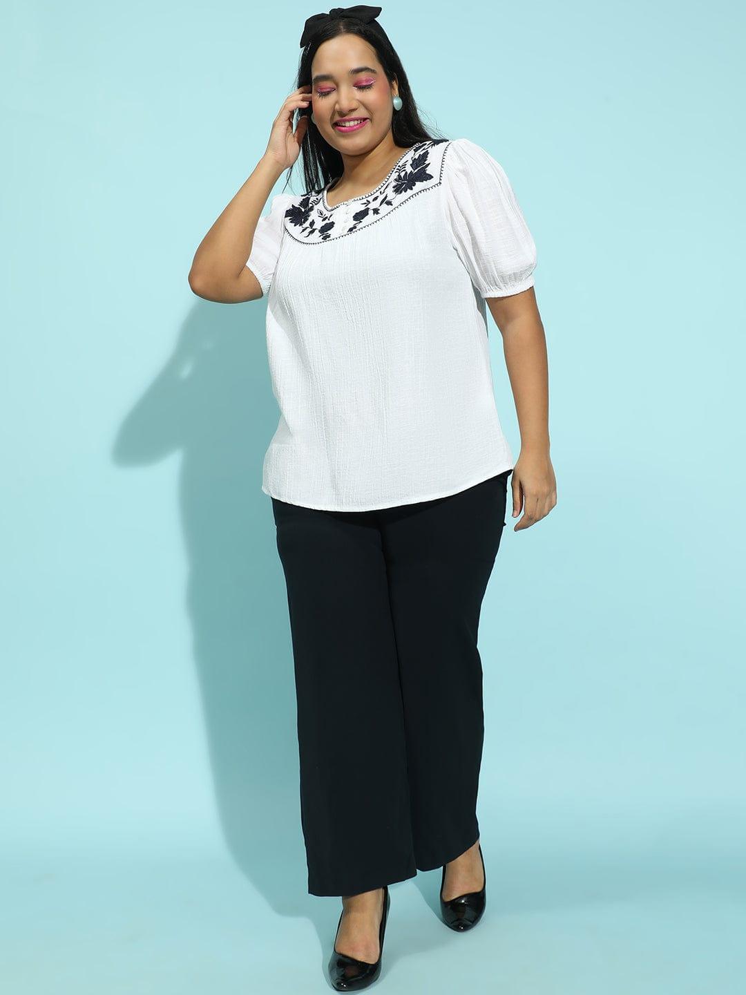 Fair White Embroidered Short Sleeve Plus Size Cotton Loopy Top