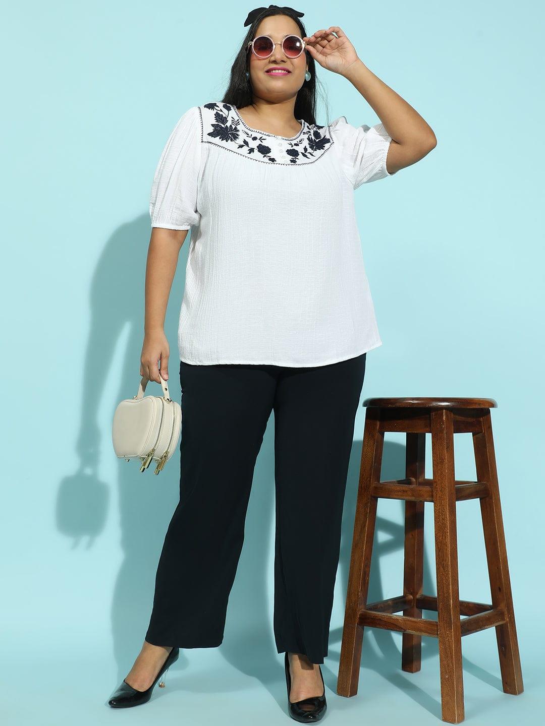 Fair White Embroidered Short Sleeve Plus Size Cotton Loopy Top