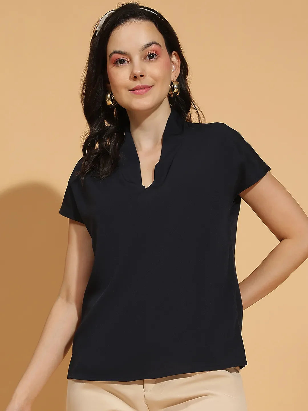 Lit Solid Black Short Sleeve V-Neck Women’s Top