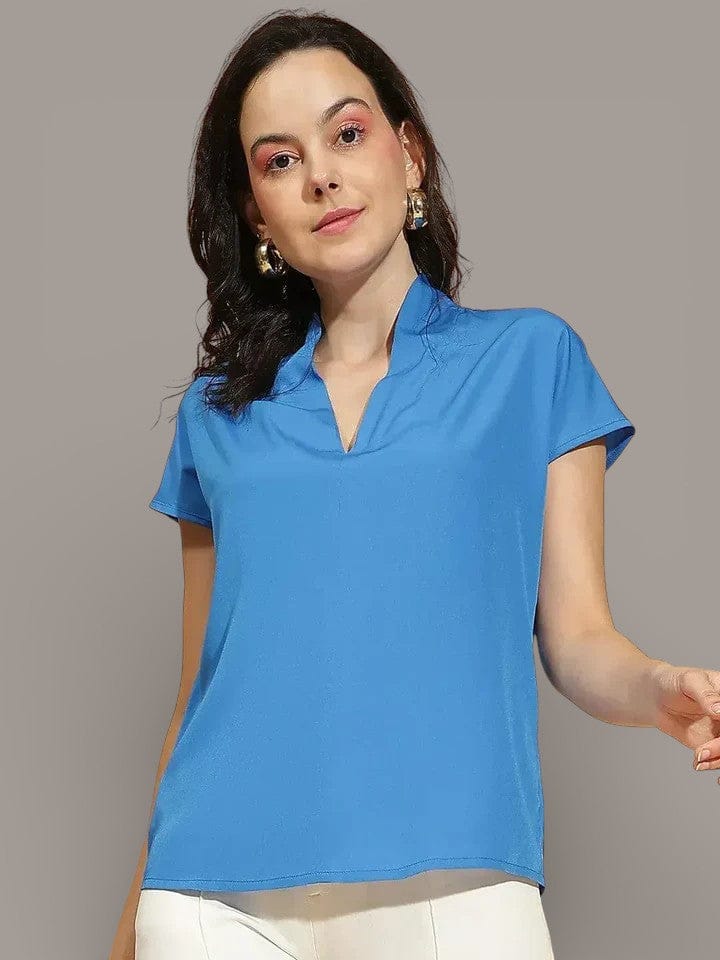 Blue V Neck Top - Women's Casual Short Sleeve Solid Blue Blouse | Lightweight Polyester