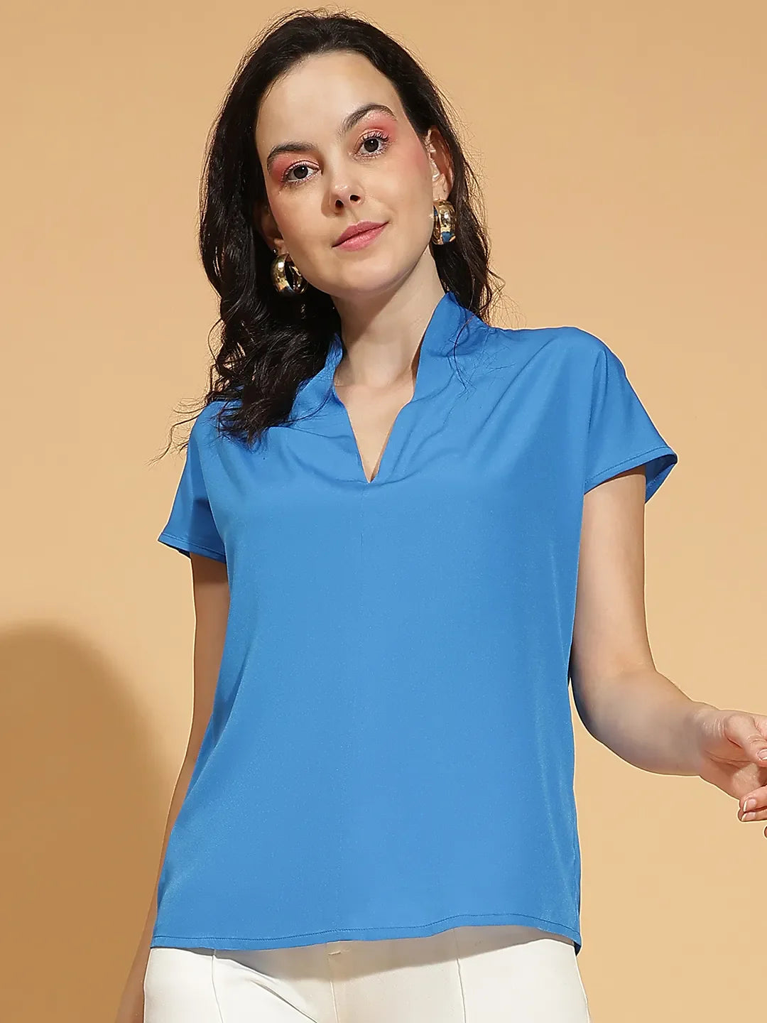 Murky Solid Blue Short Sleeve V-Neck Women’s Top