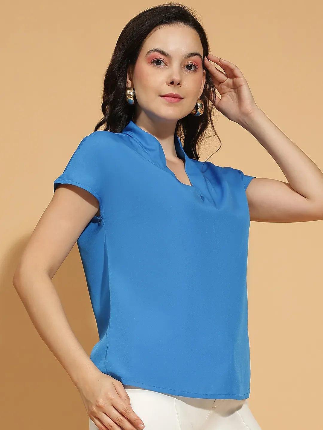 Murky Solid Blue Short Sleeve V-Neck Women’s Top